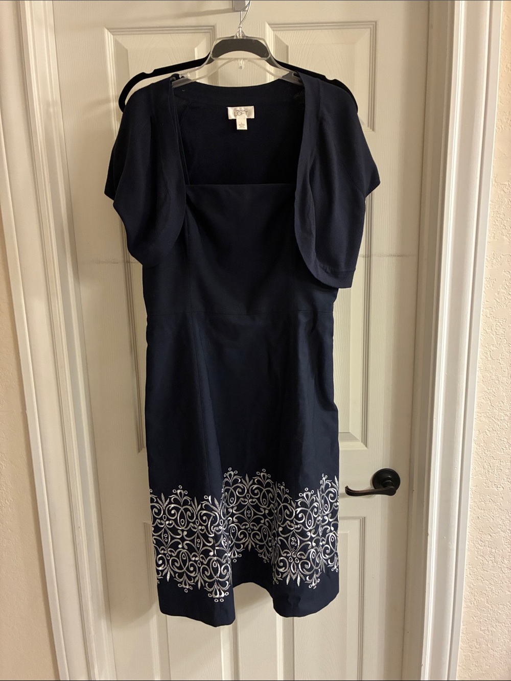 LOFT Navy Midi Dress with White Embroidered Hem